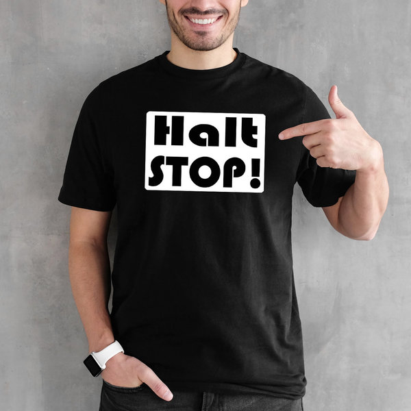 EAKS® Herren T-Shirt "Motiv: Halt Stop ! " Fun Shirt Psycho Andreas Spaß Shirt Kult Assi-TV Funshirt