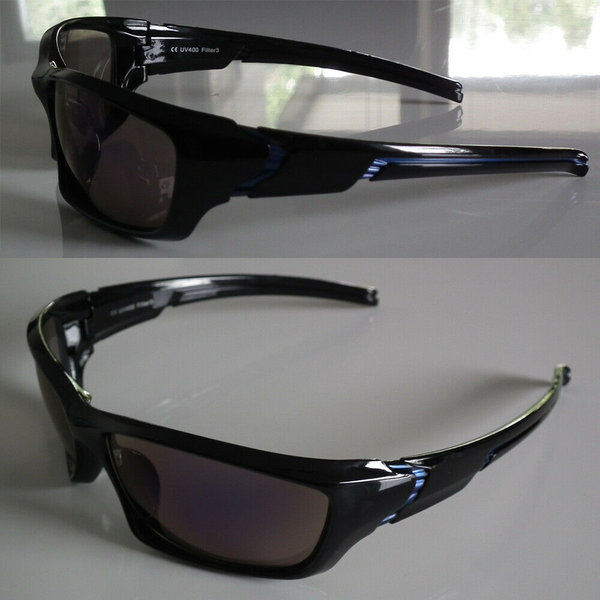 EAKS® Herren Designer Sport / Biker / Gangster / Rad Sonnenbrille schwarz, leicht blau verspiegelt