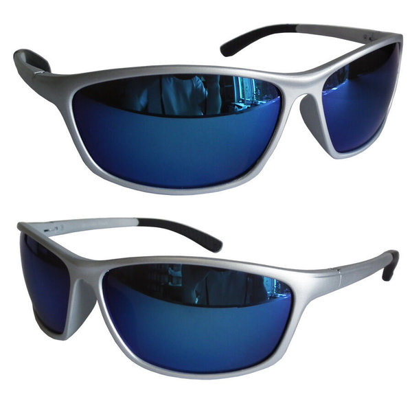 EAKS® Herren Designer Sport / Biker / Rad Sonnenbrille silber, blau verspiegelt NEU